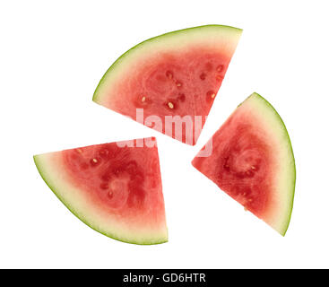 Draufsicht der drei Scheiben frische Wassermelone isoliert auf einem weißen Hintergrund. Stockfoto