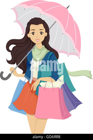 Abbildung eines Mädchens mehrere Einkaufstaschen tragen Stockfoto
