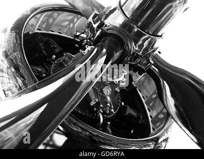 Eine monochrome (schwarz-weiß) Studie eines Jahrgangs Pratt und Whitney Propeller-Stil-Flugmotor. Stockfoto