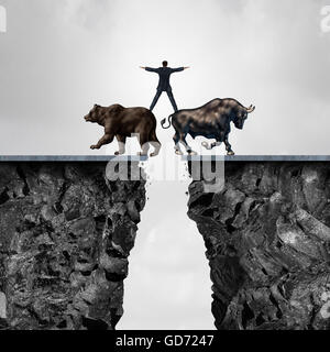 Konzept der Investition riskieren als Geschäftsmann balancieren auf einem Bären und Stier als finanzielle Metapher für die Gefahr der Verwaltung Börse Kräfte der Kauf oder Verkauf in einem 3D Illustration Stil. Stockfoto