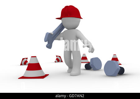 Bauarbeiter mit einem Schraubenschlüssel, Servicekonzept 3D-Rendering Stockfoto