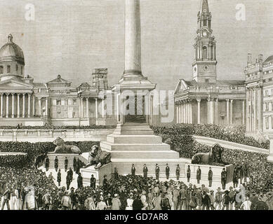 Treffen der Arbeitnehmer arbeitslos auf dem Trafalgar Square. London. Vereinigtes Königreich. 1886. Gravur Stockfoto