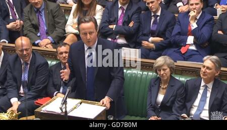 Premierminister David Cameron während seiner letzten Premierminister Fragen in das House Of Commons in London. Stockfoto