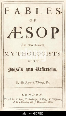 Titelseite von "Fabeln des Aesop und andere bedeutende Mythologen" von Sir Roger L'Estrange (1616-1704) erstmals veröffentlicht im Jahre 1692. Stockfoto