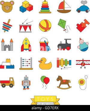 Set von 25 Kinder Spielzeug Icons, dünne Liniendesign mit Farbe füllen Stock Vektor