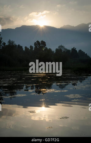 Sonne über den Bergen aufgeht und spiegelt sich in Dal Lake, Srinagar, Jammu und Kaschmir, Indien Stockfoto