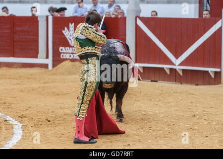 Die spanischen Torero Julian Lopez El Juli bereitet einen Stier mit seinem Schwert in der Stierkampfarena Pozoblanco, Spanien zu töten Stockfoto