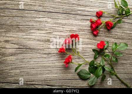 Rote Rosen auf hölzernen Hintergrund Overhead schießen Stockfoto