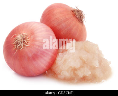 Pürierte Zwiebel mit ganzen diejenigen auf weißem Hintergrund Stockfoto