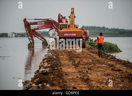 Wuhan. 13. Juli 2016. Bewaffnete Polizei Soldaten bereiten für die Verletzung des Bahndamms auf dem Deich Niushan See in Zentral-China Provinz Hubei, 13. Juli 2016. Die Provinzregierung Hubei beschloss Dienstag, brechen die Böschung zwischen Liangzi und Niushan See, um mögliche Hochwasser Überlauf über den Deich zu verhindern. Am 14. Juli wird die Operation ausgeführt werden. Bildnachweis: Xiao Yijiu/Xinhua/Alamy Live-Nachrichten Stockfoto