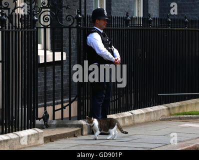 London, UK. 13. Juli 2016. Larry geht das Auto vorbei an einem Polizisten außerhalb Nummer 10 Downing Street.  Bildnachweis: Paul Marriott/Alamy Live-Nachrichten Stockfoto