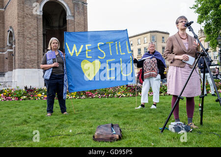 Bristol, UK, 14. Juli 2016. Molly Scott Cato, die Grünen, mdep Für den Südwesten wird dargestellt, sprechen mit Demonstranten während einer pro EU-Protest in College Green. Die Rallye wurde gehalten, damit die Menschen ihre Unterstützung für das Vereinigte Königreich verbleibende Teil der Europäischen Union zu zeigen. Credit: lynchpics/Alamy leben Nachrichten Stockfoto