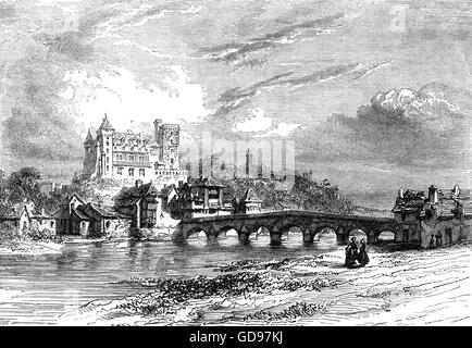 18. Jahrhundert-Blick auf das Château de Pau im Zentrum von Pau, die Hauptstadt des Pyrénées-Atlantiques, eine Abteilung in der Region Aquitaine, Limousin, Poitou-Charentes, Südwest-Frankreich, wo König Henry IV von Frankreich und Navarra am 13 Dezember 1553 geboren wurde. Stockfoto