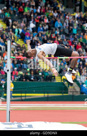 Eugene, USA. 10. Juli 2016. Ricky Robertson löscht, die Bar und Krawatten für den 6. Platz in der Hochsprung Finale an der 2016-USA Stockfoto