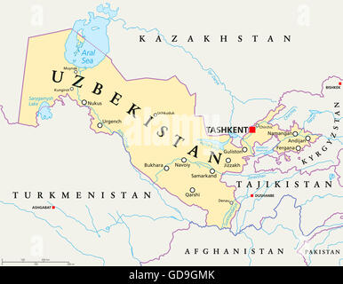 Usbekistan politische Karte mit Hauptstadt Taschkent, Landesgrenzen, wichtige Städte, Flüsse und Seen. Land in Zentralasien. Stockfoto