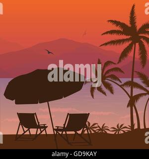 Strand Sonnenuntergang zwei Stuhl Palm Tree und Regenschirm silhouette Stock Vektor