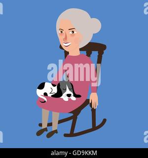 alte Dame Frau Senior mit Katze schläft auf dem Schoß sitzen auf Stuhl Stock Vektor