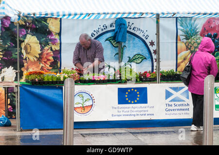 Die Flagge der Europäischen Union oder EU-Insignien und Zeichen für den Europäischen Landwirtschaftsfonds für die Entwicklung des ländlichen Raums in einem Stall in Stornoway auf der Isle of Lewis. Stockfoto