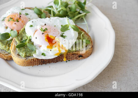 Spiegeleiern mit Avocado und Sonnenblumen sprießen auf Sauerteig Toast Stockfoto