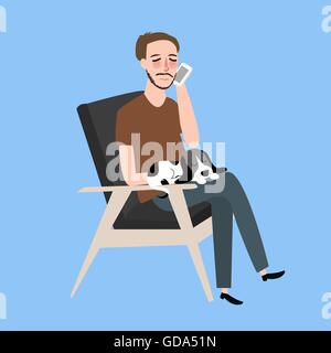 Man sitzt zusammen mit seiner Katze in Vintage Sessel aufrufenden Telefon Stock Vektor