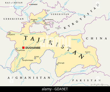 Tadschikistan politische Karte mit Hauptstadt Duschanbe, Landesgrenzen, wichtige Städte, Flüsse und Seen. Republik in Zentralasien. Stockfoto