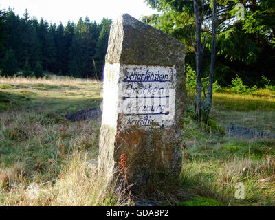 Deutschland, Sachsen-Anhalt, Ilsencastle (Harz), Findlinge als Wegweiser in der Natur, Wegweiser, Wanderung von Oderbrück zum Scharfenstein Stockfoto