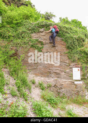 Deutschland, Rheinland-Pfalz, Zell (Mosel), auf der Mosel Steig Klettern an einer steilen Felswand, Frau mit Rucksack auf Fixseil Stockfoto