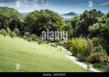 Einen spektakulären Blick auf St Michaels Mount aus Tremenheere Skulpturengärten in Cornwall. Stockfoto