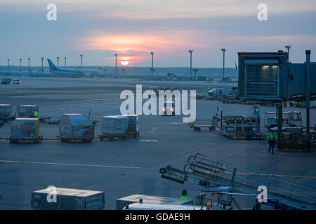 Deutschland, Hessen, Frankfurt am Main, Sonnenaufgang am Frankfurter Flughafen, bei Sonnenaufgang am Flughafen Frankfurt Am Main mit Bilck auf dem Vorfeld Stockfoto