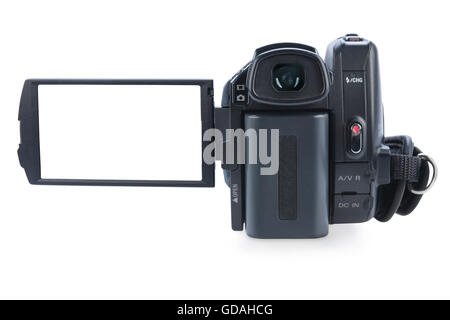 Camcorder mit offenen LCD-Display, isoliert auf weißem Hintergrund. S Stockfoto