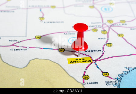 Nahaufnahme von San Antonio Texas USA Karte mit roten Pin - Reisekonzept Stockfoto