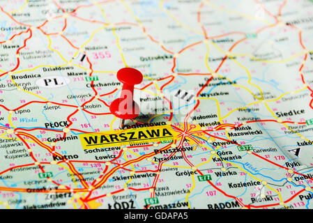 Nahaufnahme von Warschau, Polen-Karte mit roten pin Stockfoto