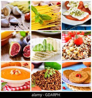 eine Collage aus neun Bilder von verschiedenen Eatings und Mahlzeiten, wie Knoblauch und Tomaten, ungekochte Spaghetti, Feigen, Mozzarella ch Stockfoto