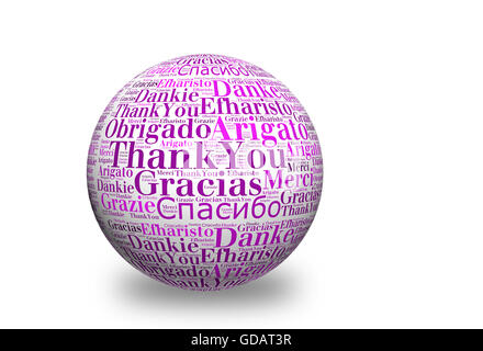 Konzeptionelle danke Wortwolke auf 3d Kugel geschrieben. Begriffe in verschiedenen Sprachen wie Mahalo, Danke, Gracias, Merci, Tischbausystems, Stockfoto