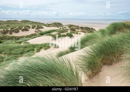 Blick auf den Strand in Formby Punkt von den sandigen Dünen Dünengebieten Gras im Wind wehen. Stockfoto