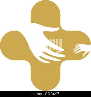 Gold und weißem Vektor Hände Logo isoliert. Waisenhaus-Emblem. Familie Schild. Bild und Kinder kümmern. Einführung Abbildung. Kindererziehung singen. Kindergarten-Symbol. Charity für Waisenkinder. Help-Kinder-Kampagne Stock Vektor