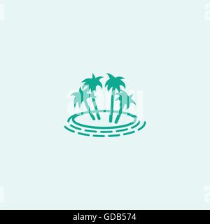 Vektor-Logo mit Palmen. Insel mit Palmen Bäume Vektor-Illustration. Stilisierte Palmen. Vereinfachte Struktur. Desert Island Palms. Tourismus in warmen Ländern. Palm Island. Die Blätter der Kokospalme Stock Vektor