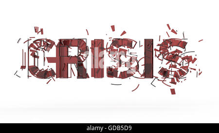 3D Abbildung des gerissenen Wort Krise isoliert auf Farbe Background, Finanz-, Welt, Krieg Krisenkonzept Rendern Stockfoto