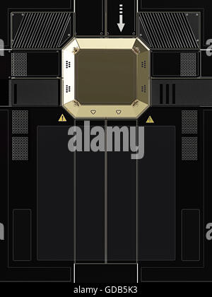 Rendern von Hi-Tech-Wand mit Metallblock für Logo und andere Details. Sci-Fi Hintergrund. Futuristische Form. A4-Standardgröße-Plakat-Vorlage Stockfoto