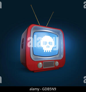 Classic Design Retro TV mit Kunststoffschale helle Farbe und Pixel-Schädel-Symbol auf Bildschirm isoliert weichen Schatten Rendern Horror Metapher Stockfoto