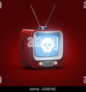 Classic Design Retro TV mit Kunststoffschale helle Farbe und Pixel-Schädel-Symbol auf Bildschirm isoliert weichen Schatten Rendern Horror Metapher Stockfoto