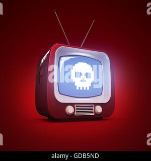 Classic Design Retro TV mit Kunststoffschale helle Farbe und Pixel-Schädel-Symbol auf Bildschirm isoliert weichen Schatten Rendern Horror Metapher Stockfoto