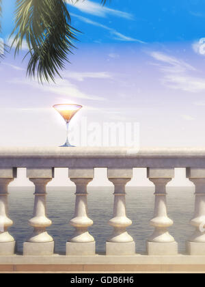 Sommer Meer Blick Stein verlässt klassische Balustrade mit Cocktailglas und Palmen Rendern Hintergrundbild Stockfoto