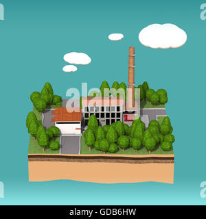 kleine Fabrik mit Schornsteinen, umgeben von Bäumen auf kleine Insel flauschige stilisierte Wolken isoliert blauen Hintergrund. Stockfoto