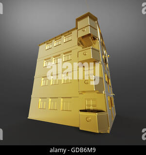 Glänzendes goldenes Haus Dach Seite Ansicht rendern auf dunklem Hintergrund isoliert. Stockfoto