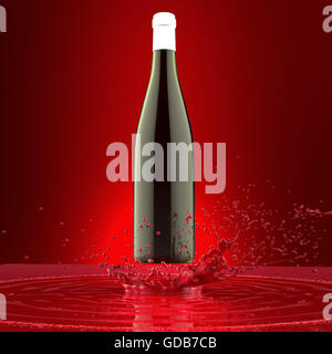 Leere Weinflasche ohne Etikett auf farbigem Hintergrund Spritzwasser Stockfoto