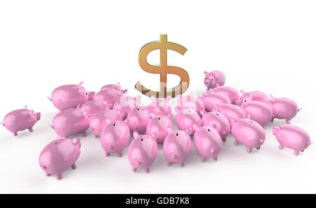 Golden glänzende Sparschwein Schweine drängen sich um grünes Dollarzeichen. Metapher des finanziellen Einsparungen in der Krise. hoher Qualität zu rendern Stockfoto