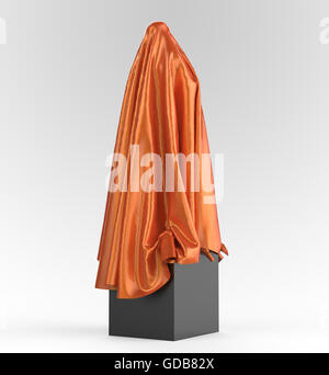 Statue auf Cube Podium mit glänzendem satin Stoff drapiert. Bevor das Eröffnungsstück der Kunstbegriff Rendering Stockfoto