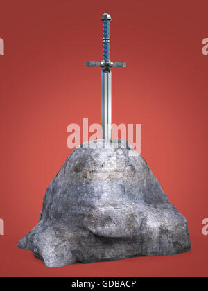 Schwert Excalibur King Arthur in den Fels Stein isoliert Render stecken. Metapher des Kandidaten Antragsteller test Stockfoto