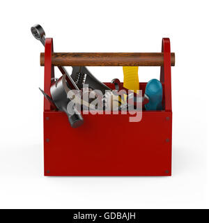Rote Toolbox mit Werkzeugen. Sckrewdriver, Hammer, Handsäge und Schraubenschlüssel. Unter Bau, Wartung, Fehlerbehebung, Reparatur, Premium-Service. Qualitativ hochwertige Render, isoliert. Stockfoto